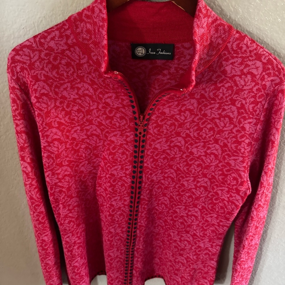Inca Fashions Baby Alpaca & Silk zip up sweater -red/pink floral M/L